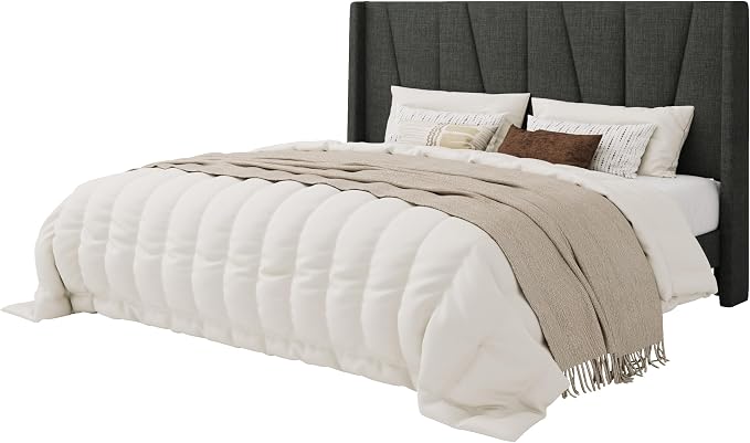 SHA CERLIN King Size Bed Frame with Geometric Wingback Headboard, Upholstered Platform Bed with, 8" Under-Bed Space, No Box Spring Needed, Easy Assembly, Grey