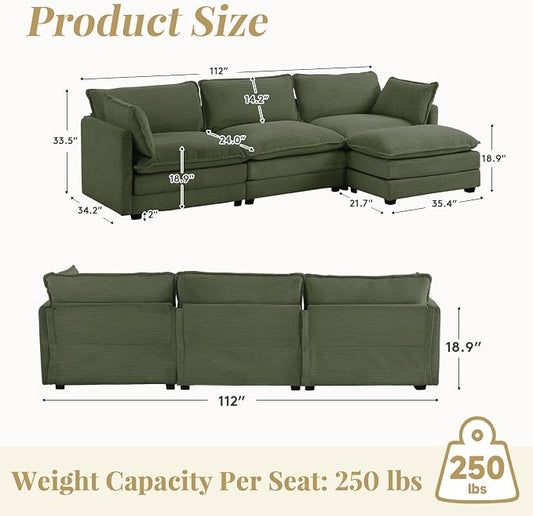112'' Sectional Modular Cloud Couch, Oversized L Shaped 3 Seat Sofa with Movable Ottomans, 2 Throw Pillows, Upholstered Corduroy L Shape Comfy Deep Couches for Living Room and Office, Green