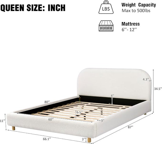 Merax Queen Size Teddy Fleece Thick Fabric Upholstered Platform Bed with Curved Shaped Headboard, Wood Bed Frame with Solid Round Legs for Kids Teens Adults, White