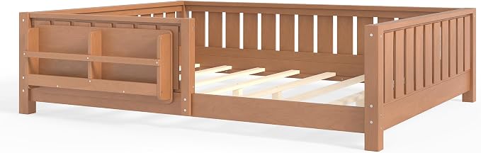 Bellemave Full Floor Bed with Slats and Rails, Full Size Montessori Floor Bed with Bookcase and Fence, Easy Assemble Montessori Beds for Girls, Boys, Natural Floor Beds