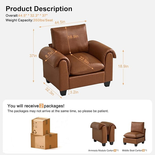 44.5" Faux Leather Single Sofa, Oversized Accent Chair with Curved Armrests, Cloud Modern Sofa Upholstered Deep Seat Reading Chair Armchair for Living Room, Bedroom,Brown