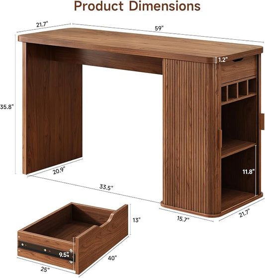 ONBRILL 59 Inch Kitchen Island with Storage, Fluted Counter Height Table, Mid-Century Modern Kitchen Island Table with Sliding Door, Home Bar Tables with Wine Rack and Drawers Walnut