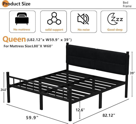 Metal Bed Frame,14Inch Queen Bed Frame with Headboard,Heavy Duty Sturdy Mattress Foundation,Easy Assembly,No Box Spring Needed,Black Queen Size