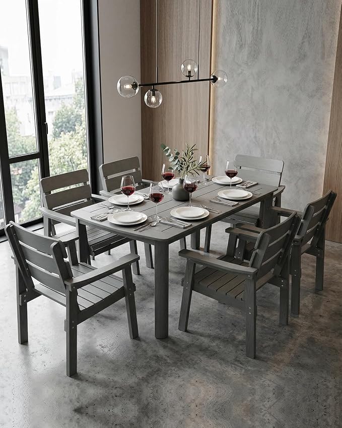 7-Piece Outdoor Dining Set, All-Weather HIPS Patio Table & Chairs for 6, Outdoor Furniture with Umbrella Hole, Ideal for Garden, Poolside, Backyard, Deck, Dark Gray