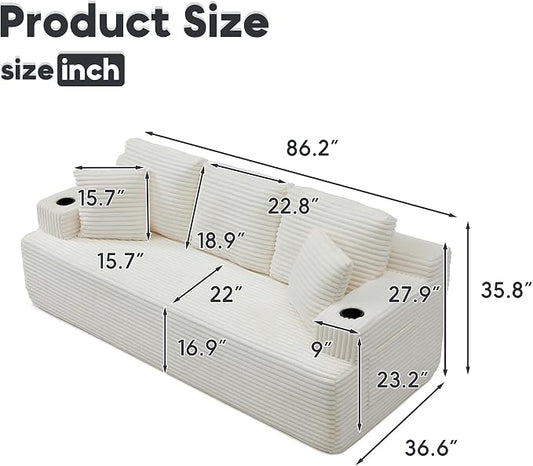 86.2'' Boneless Sofa Couch with Cup Holders & Side Pockets, Modern Corduroy Fabric Upholstered 3-seat Couch with 2 Throw Pillows for Living Room, Office, No Assembly (Beige)