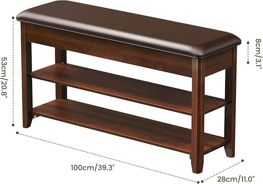 LBT Shoe Bench with Storage, Solid Rubberwood Shoe Rack Bench for Entryway, Adjustable 6.3" Shelf Fits High-Top Shoes & Boots, Hidden Storage Compartment, Cushion Seat, Stay-Open Hinge, Walnut