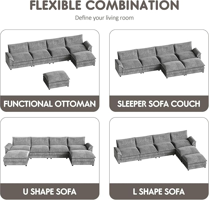Homall 159" Modular Sectional Sofa, U Shaped Sofa Couch with Reversible Ottoman, DIY Combination Chenille Deep 4-Seat Cloud Couch for Living Room, Apartment (Light Grey, U Shaped Sofa)