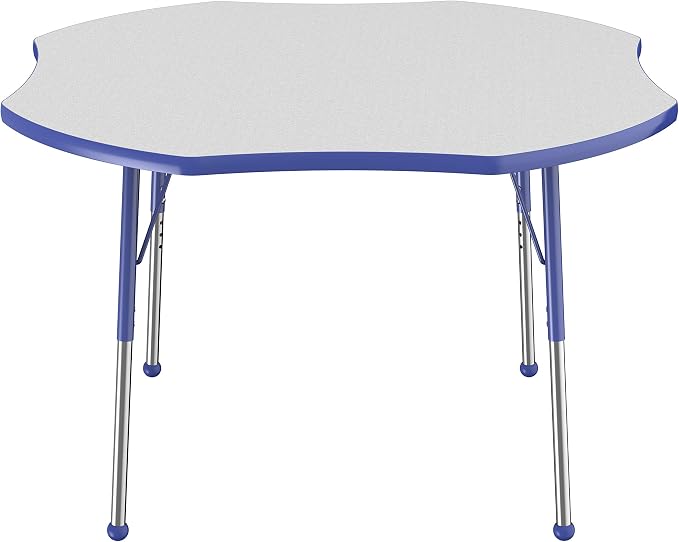 FDP Clover Activity School and Office Table (48 x 48 inch), Standard Legs with Ball Glides for Collaborative Seating Environments, Adjustable Height 19-30 inches - Gray Top and Blue Edge