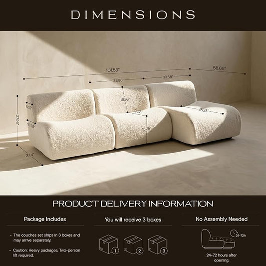 102" Curved Sectional Couch with Chaise Lounge, 3-Seat Reversible L-Shaped Sofa, Deep Seat Sherpa Boneless Modular Couches, Modern Curved Sofas for Living Room – No Assembly, White