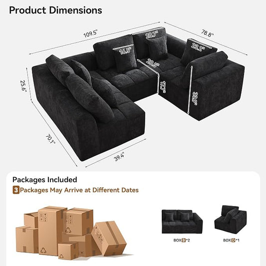 110''Modular Sectional Couches for Living Room, Cloud Boneless Compressed Sectional Sofa, Oversized U Shaped 5 Seater Upholstered Memory Foam Sofa, No Assembly, Chenille Black