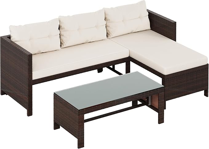 Shintenchi 3-Piece Outdoor Patio Furniture Sets, Wicker Patio Conversation Sets, All Weather Wicker Rattan Patio Seating Sofas with Glass Coffee Table and Cushion, Beige