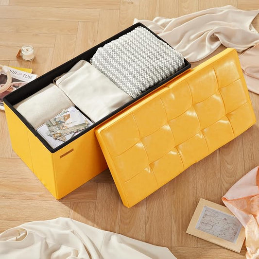 HAUSFRAU - 30 Inches Storage Ottoman Bench with Flipping Lid, Foldable Storage Chest Foot Rest for Living Room, Bedroom, Entryway, Load 660 lb, Synthetic Leather, Yellow
