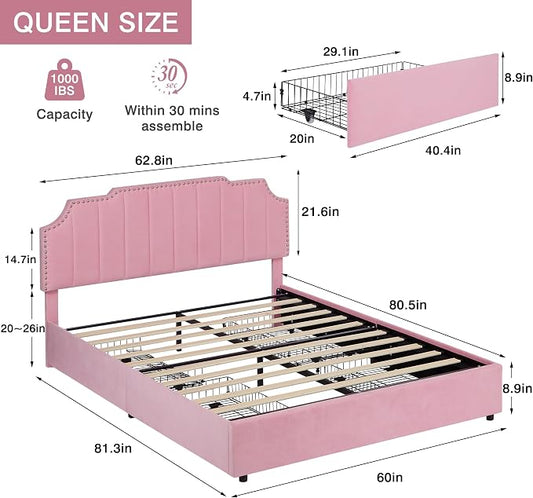 VECELO Queen Upholstered Platform Bed Frame with 4 Storage Drawers,Velvet Vintage Queen Bed with Nailhead Trim,Tufted Height Adjustable Headboard,Wooden Slats/No Box Spring Needed/Easy Assembly