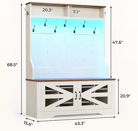Itaar Hall Tree with Bench and Shoe Storage, 5-in-1 Entryway Bench with Coat Rack, 10 Shoe Cubbies & 9 Coat Hooks, Barn Door & Adjustable Shelf (White)