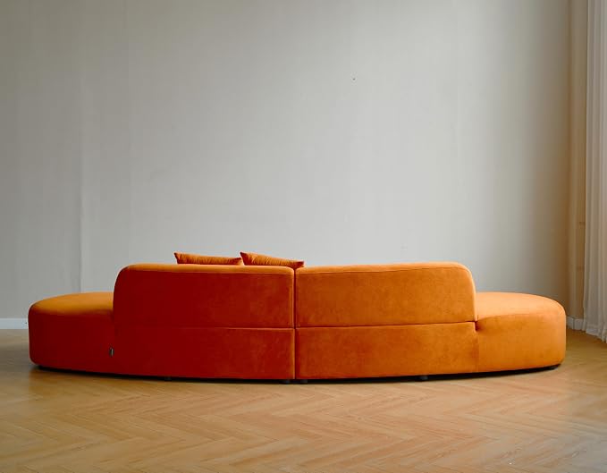 Container Furniture Direct Belmont 132" Curved Sofa with Throw Pillows, 6 Seater Luxury Velvet Couch with Half Moon Design and High-Density Foam, Ideal for Living Room, Office & Apartment, Red Orange
