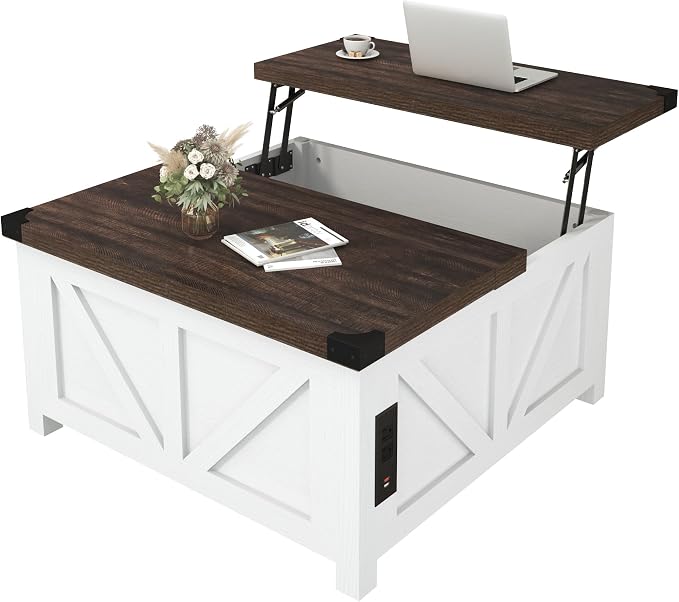 jimeimen Farmhouse Lift Top Coffee Table with Storage, Wood Square Center Table with Charging Station&USB Port, Living Room Table w/Large Hidden Space, for Living Room, Bedroom, Home Office, White