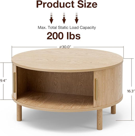 ZttRiee Round Coffee Table with Sliding Doors, Modern, Natural | Ø30.0"D x 16.3"H, 200 lbs capacity, dual sliding-door storage, ~45 min assembly.