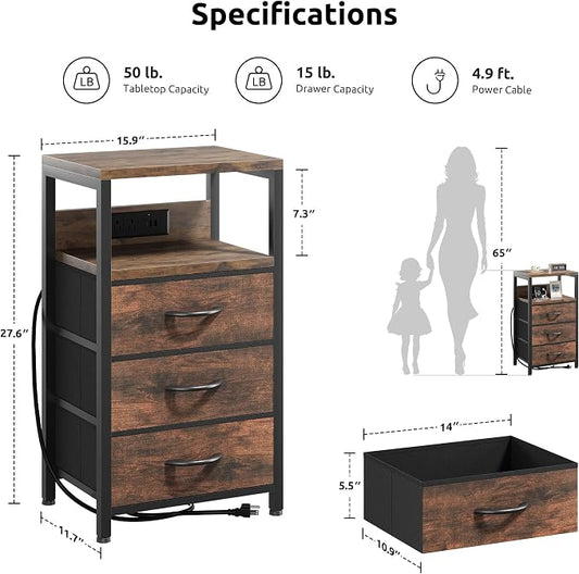 Lazzanto NightStand Bedside Charging Table Bedroom - Night Stand with Charger Station, Modern Nightstand with Open Shelf & 3 Fabric Drawers, Bed Side Table USB-C Port for Dorm Living Room