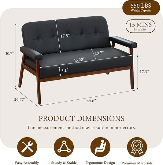 STHOUYN 50”W Black Faux Leather Small Office Couch Loveseat Sofa with Wood Arms, Mid Century Modern Love Seat Sofas Lounge Armchair Living Room Bedroom (Black (loveseat))