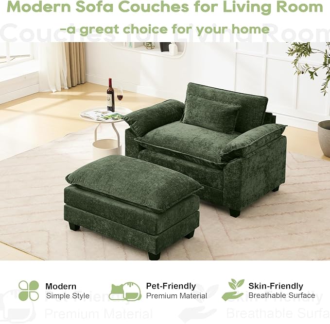Oprisen 53" Modular Sectional Sofa, Comfy Cloud Couch Sectional Sofa with Ottoman, Chenille Sofa Sleeper Deep Seat Sofa with Throw Pillows for Living Room (Green)