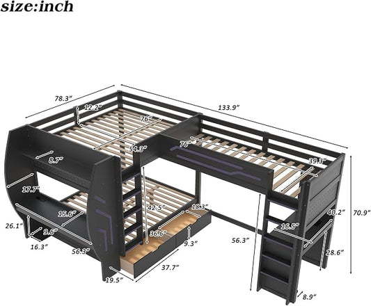 Twin&Full Over Full Triple Bunk Bed with Desk and Storage Drawers & LED,Charging Station,Solid Wood L-Shaped 3 Gaming Bunk Bed with Ladder,Guardrail,No Box Spring Needed (Black,Twin & Full Over Full)