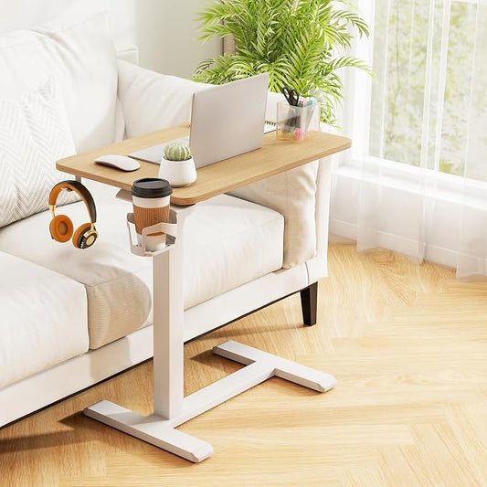 Tangkula Mobile Standing Desk, Pneumatic Height Adjustable Rolling Desk with Cup Holder & Headphone Hook, Overbed Table with Hidden Wheels, Laptop Computer Cart for Couch, Home, Office (Natural)
