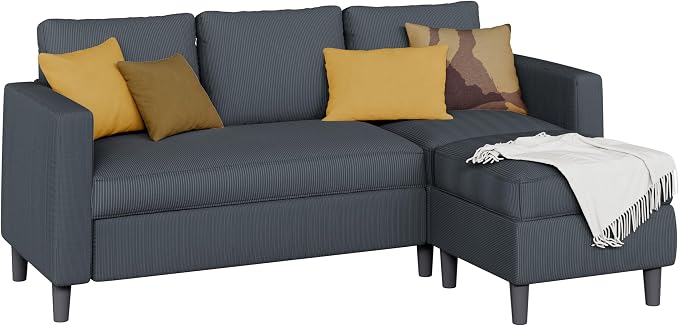 Shintenchi Modern Upholstered Sectional Sofa, L-Shaped Couch with Movable Ottoman and Reversible Chaise for Living Room, Dark Gray