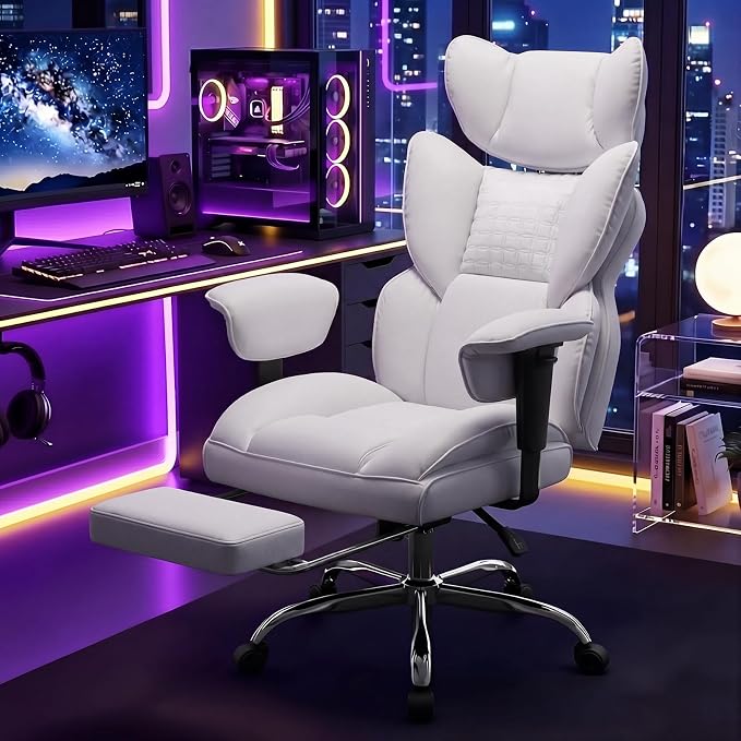 DUMOS Big and Tall Home Office Desk Chair, Ergonomic Executive Chair with Footrest, Computer Gaming Chairs with High Back Reclining, Adjustable Armrests and Comfy Lumbar Support, PU Leather, White