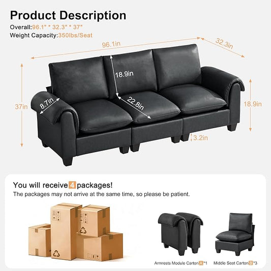96" Faux Leather Modular Sectional Upholstered Sofa, Oversized 3 Seater Couch with Curved Armrests, Cloud Modern Upholstered Deep Seat Sofa for Living Room, Black
