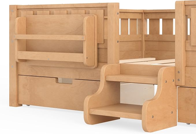 Bellemave Queen Size Kids Bed with high Rails and with Built-in Bookshelf and Drawers for Kids, Girls, Boys, Wood Montessori Bed Without Door, Light Natural