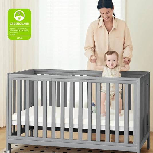 MAMAZING EvoNest Baby Crib, 11 in 1 Convertible Crib with Wheels, 100% New Zealand Wood Growing Bed, Full Size Crib for Baby, 4 Adjustable Mattress Height, Grey