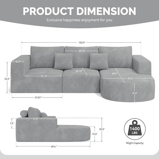 Boneless Couches for Living Room,Cloud Sectional Couch with L-Shape Chaise,Modern Modular Sofa with Deep Seat Upholstered Comfy Couches for Bedroom,No Assembly Required,1PCS