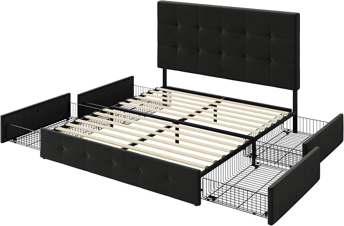 Allewie Upholstered Full Size Platform Bed Frame with 4 Storage Drawers and Adjustable Headboard, Square Button Tufted, Wooden Slats Support, Noise-Free, No Box Spring Needed, Easy Assembly, Black