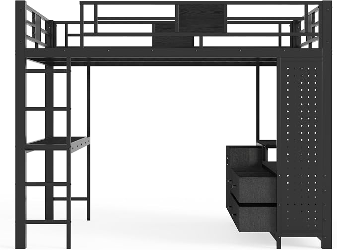 Bellemave Queen Size Loft Bed with Desk and Storage Pegboard, Queen Loft Bed Frame with Storage Drawers, Laundry Hamper and Clothes Hanging Rod, Adults Loft Beds Nosie-Free, Black
