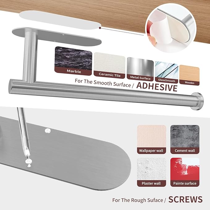 DEKAVA Paper Towel Holder Under Cabinet for Kitchen, Adhesive Paper Towel Holder Wall Mount, SUS304 Stainless Steel 13 inch(1,Silver)