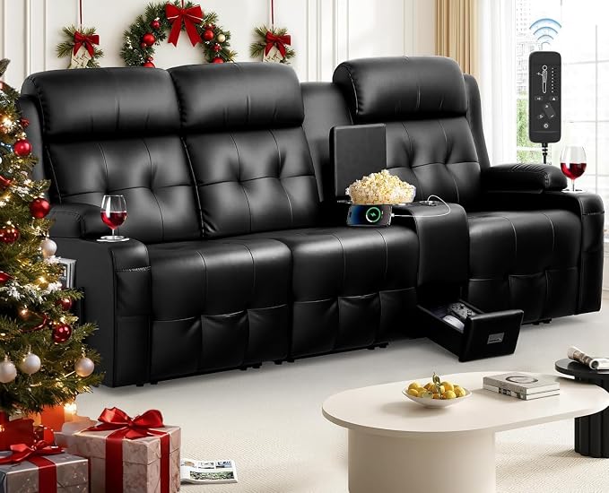 Loveseat Recliner Sofa, Home Theater Seating with Massage, 3 Seat Reclining Loveseats with Console, Wall Hugger RV Couch Movie Theater Chairs, RV Furniture Sofas with USB, Cup Holders for Gaming Room