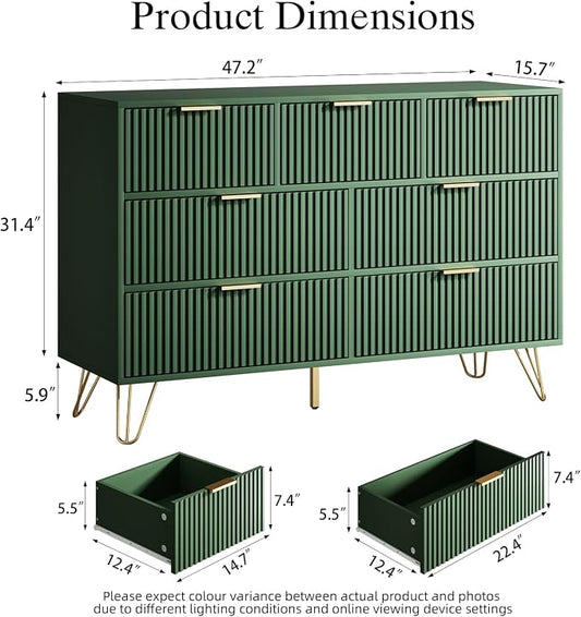 Furniway Dresser for Bedroom, Fluted Modern Dresser with Gold Pulls and 7 Drawers, 15.7" D x 47.2" W x 31.4" H, Green