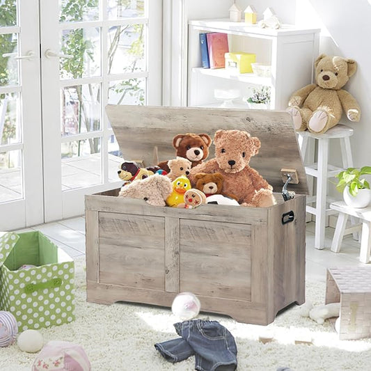 Timberer 31.5" Storage Chest, Wooden Storage Bench, Lift Top Toy Chest with 2 Safety Hinges, Large Toy Box, Entryway Shoes Bench for Living Room, Bedroom, Grey