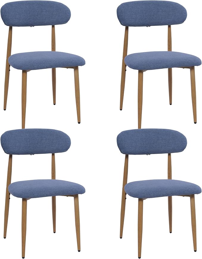 FREKEN Modern Upholstered Dining Chairs Set of 4, Mid-Century Metal Frame with Wood Grain, Linen Fabric Side Chair for Kitchen Dining Room, 350lbs Capacity, Blue