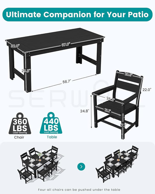 SERWALL HDPE Outdoor Dining Table and Chairs Set for 6 | with Oversized Chair Seat