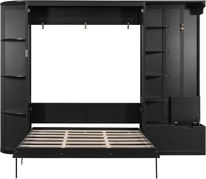 Murphy Bed Queen Size,Murphy Bed with Storage & Lights,Wall Bedframe w/Hidden Fold-Out Legs & Built-in Shelves & Cabinets,Hook,Space-Saving,Black