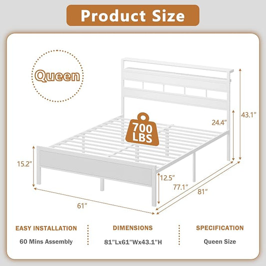 Furnulem Queen Bed Frame with Storage Headboard and LED Lights, Metal Bedframe with Charging Station and USB Port, Queen Size Platform Bed with Heavy Duty Slats, No Box Spring Needed, White