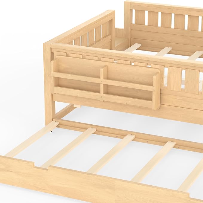 Bellemave Queen Size Kids Bed with high Rails and with Built-in Bookshelf and Trundle for Kids, Girls, Boys, Wood Montessori Bed Without Door, Light Natural