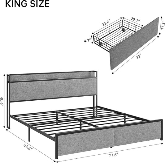King Size Bed Frame with USB Ports and 2 Storage Drawers, Modern Platform Bed with Upholstered Shelf Headboard, Sturdy, Noise Free, No Box Spring Needed, Gray