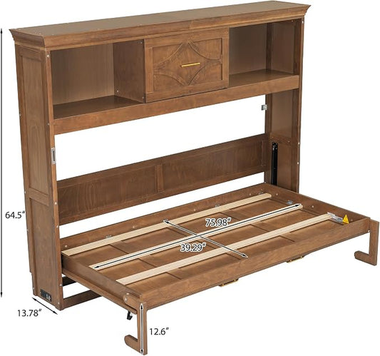 MERITLINE Twin Horizontal Murphy Bed with Storage Bookcase Shelves & Drawer and Charging Station,Solid Wood Farmhouse Murphy Wall Bed with Storage, Slat Support (Natural Wood)