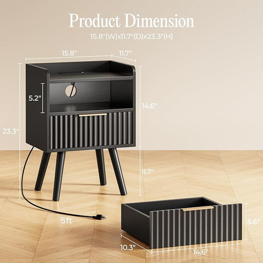 Huuger Nightstand with Charging Station, USB-C Port, Fluted Night Stand Set of 2, Bed Side Table with Drawer, Solid Wood Feet, Open Storage, End Table with Raised Edge, for Bedroom, Black