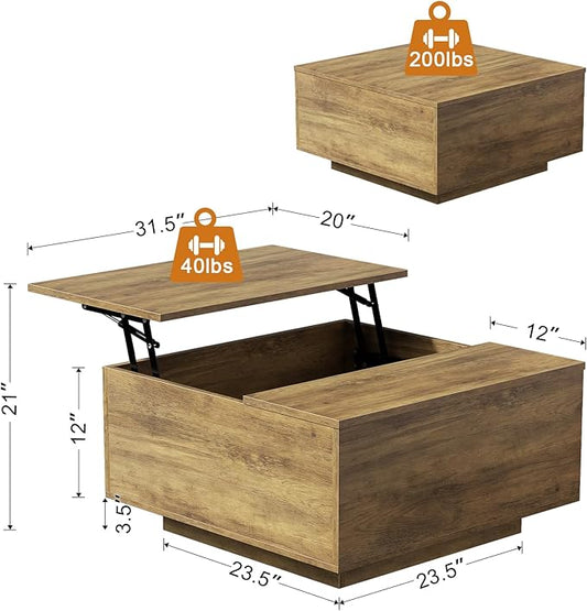 FABATO Lift Top Coffee Table, Wood Square Coffee Table with Storage, Farmhouse Coffee Tables with Hidden Storage Compartment, Center Table with Lifting Tabletop for Living Room, Home Office, Oak