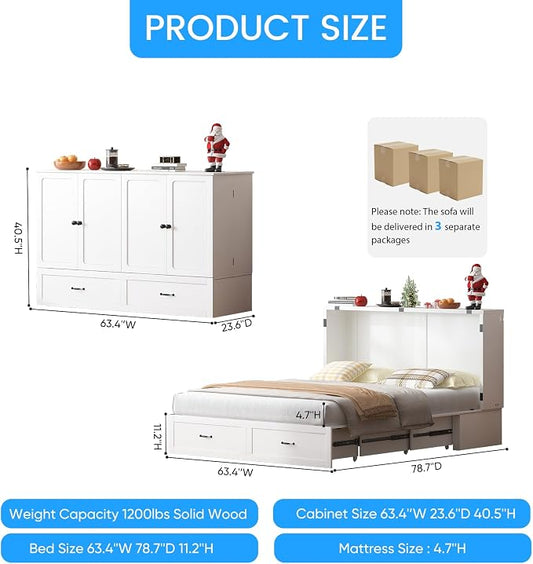 PUREMIND Queen Murphy Bed with Mattress Included, Multi-Functional Hideaway Cabinet Bed with Storage Drawer, USB Charging Port and Folding Bedside Panel, Space Saving Chest Beds Wallbed for Guest Room