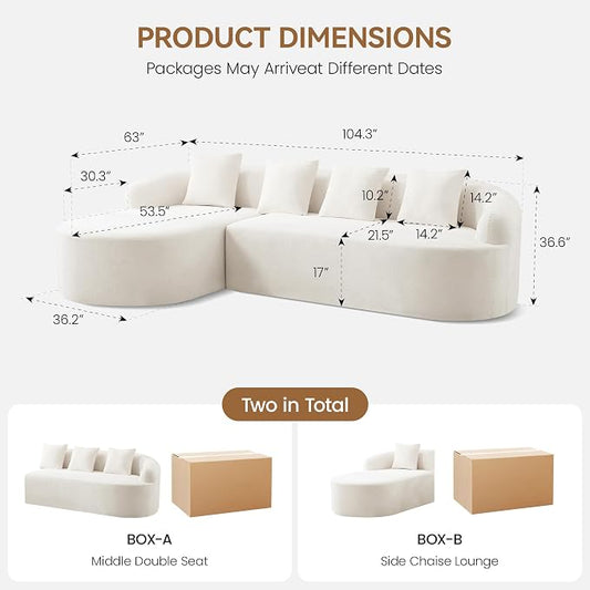 105" Boneless L Shaped Sectional Couch, Curved Cloud Deep Seat Sofa with Chaise Lounge, Oversized 4 Seater Couches for Living Room, No Assembly, Chenille Beige