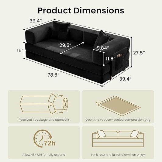 78.8" Convertible Sofa Bed,Corduroy Futon Couch with Storage Pocket,Folding Pull Out Futon Sofa, No Assembly Boneless Couch for Living Room,Black